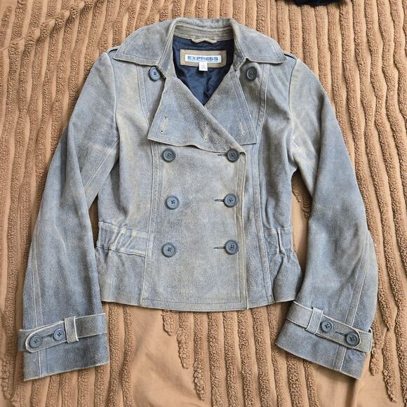 Express Womens Vtg Y2K Moto Brown Genuine Leather Suede Double Breasted Jacket 2 - Picture 8 of 12